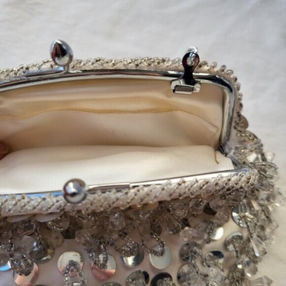 Vintage Glittery Silver Sequins Beaded Satin Evening Purse Clutch - Picture 6 of 8